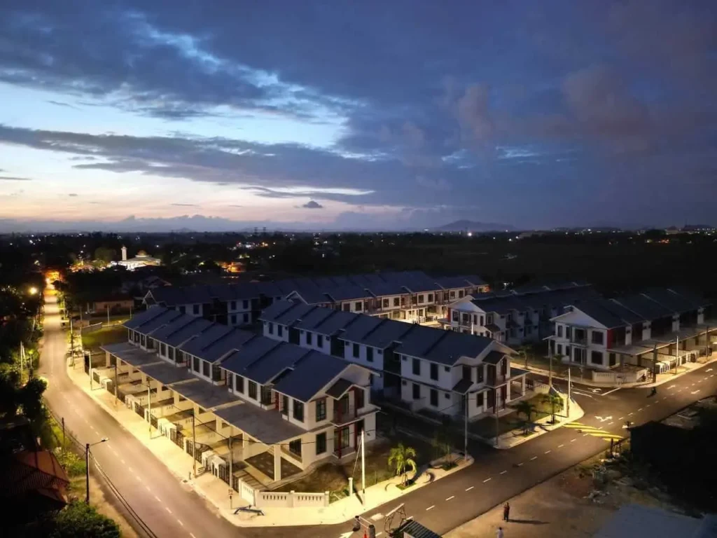 Completed housing project at dusk